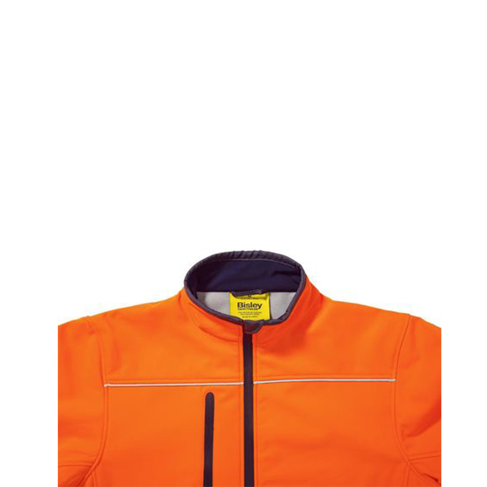 Hi vis orange soft shell jacket with navy zip trim, reflective tape chest panel and stand collar detail