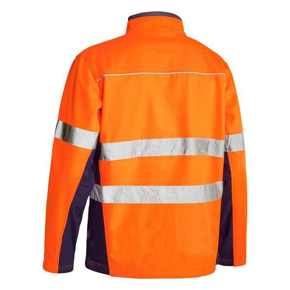 Back view of orange and navy hi vis soft shell jacket with dual silver reflective tape bands and contrast side panels