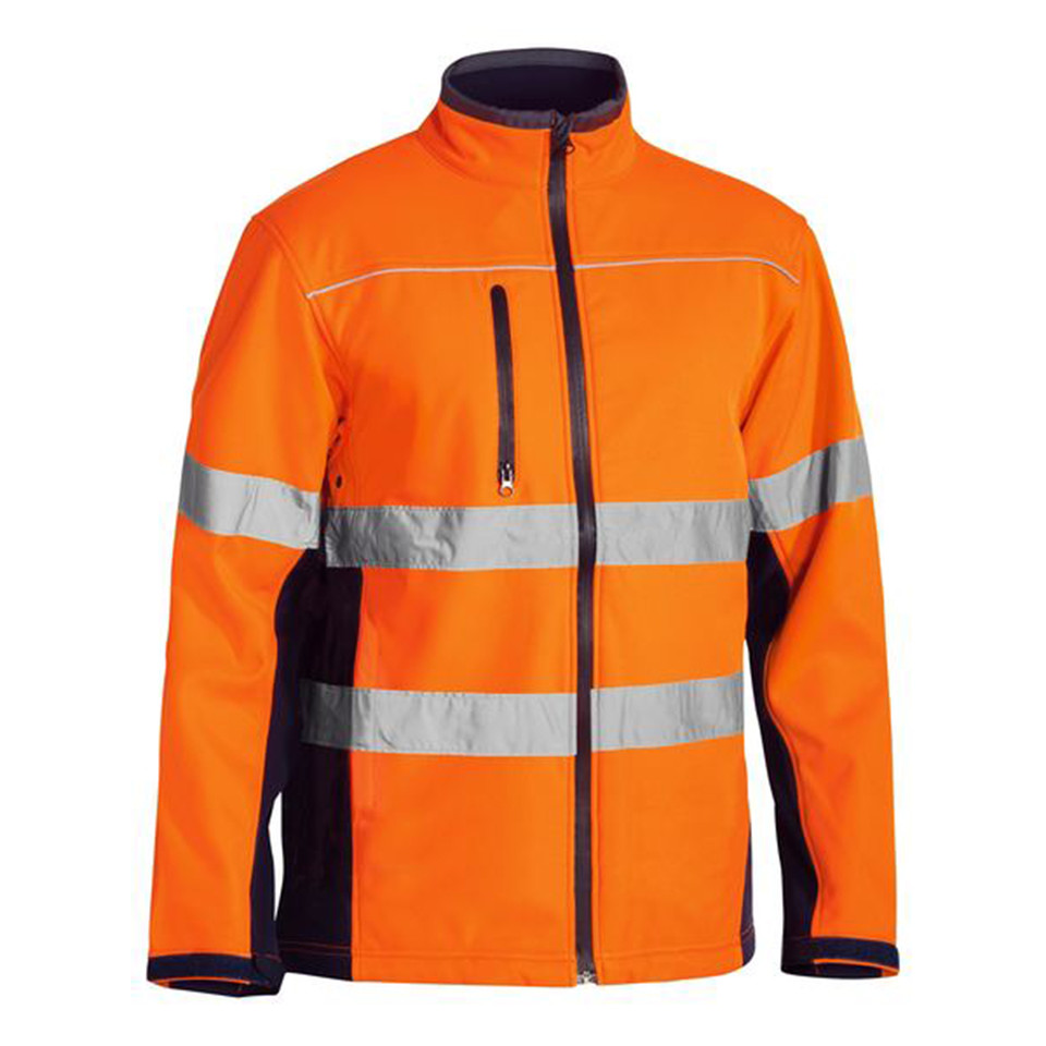 Hi-vis orange soft shell jacket with reflective silver tape stripes and navy contrast panels at collar and sides