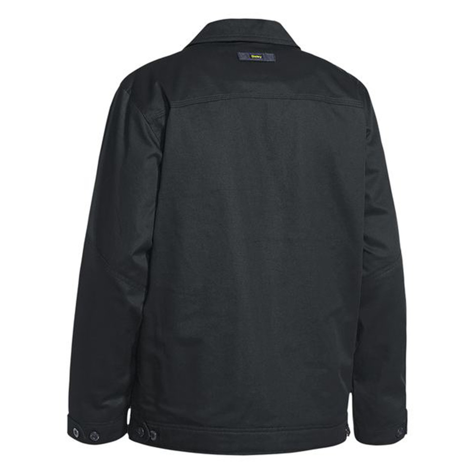 Black drill jacket with liquid repellent finish, rear view showing collar and flat back panel for decoration