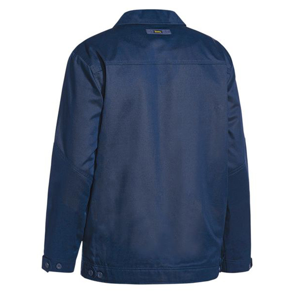 Navy blue drill jacket back view with liquid repellent finish and flat decoration panel across shoulders