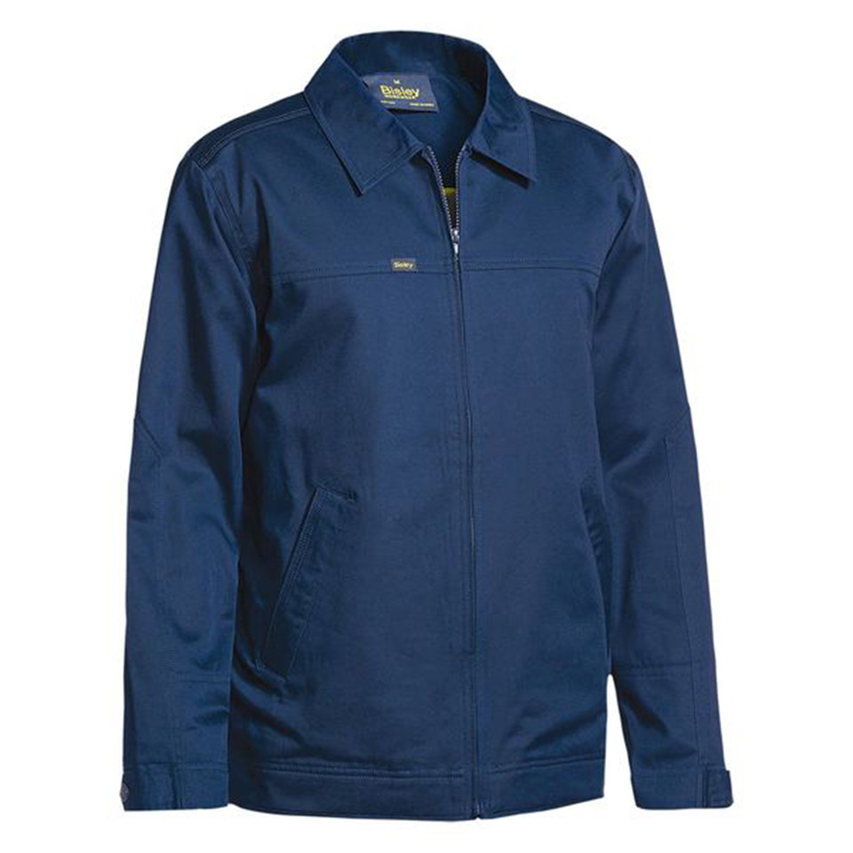 Navy blue drill jacket with full zip closure, collar, chest pocket, and side pockets