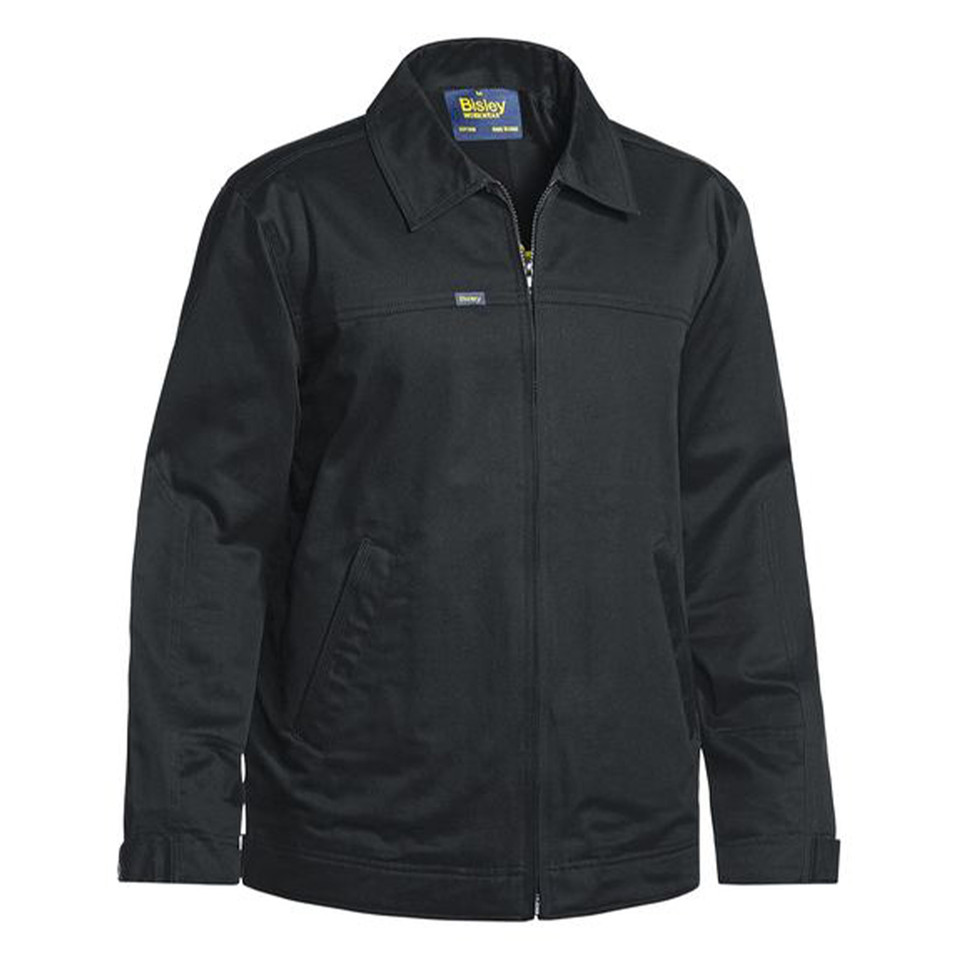 Black drill jacket with full-length zip, collar, and side pockets with liquid repellent finish