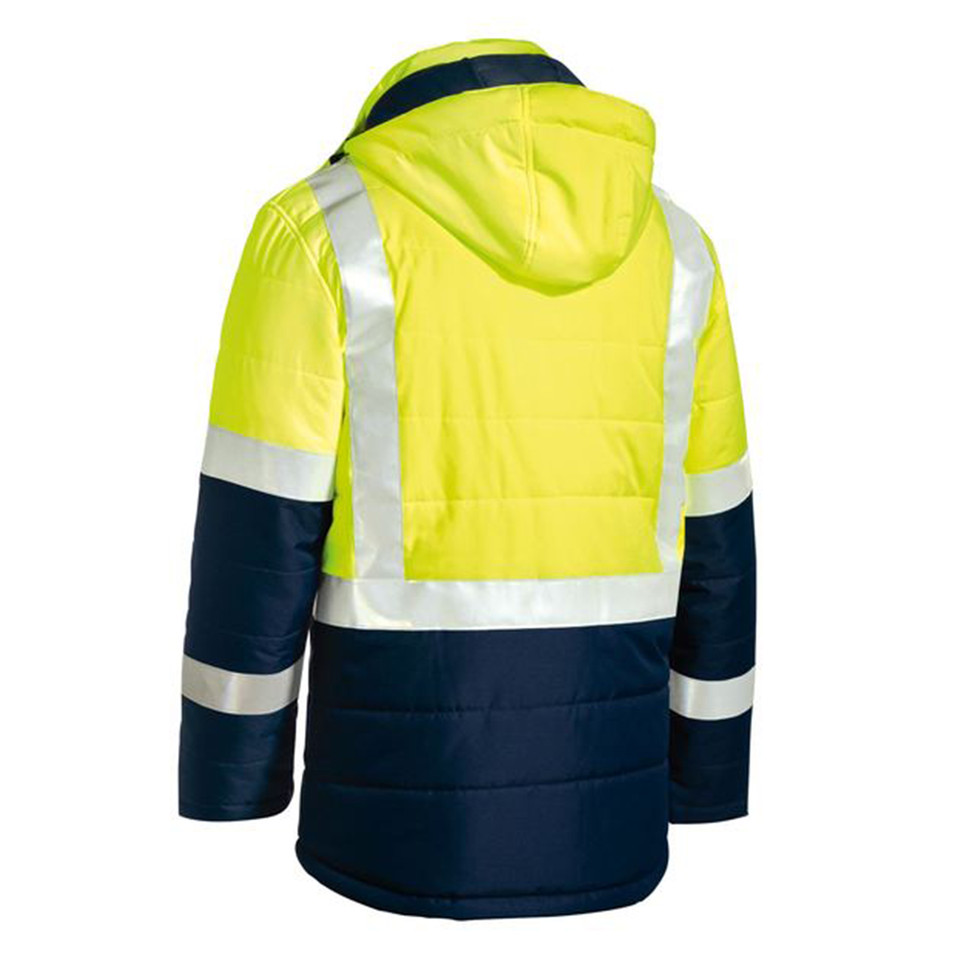Hi-vis yellow and navy puffer jacket with silver reflective tape on shoulders, torso and sleeves, rear view with hood