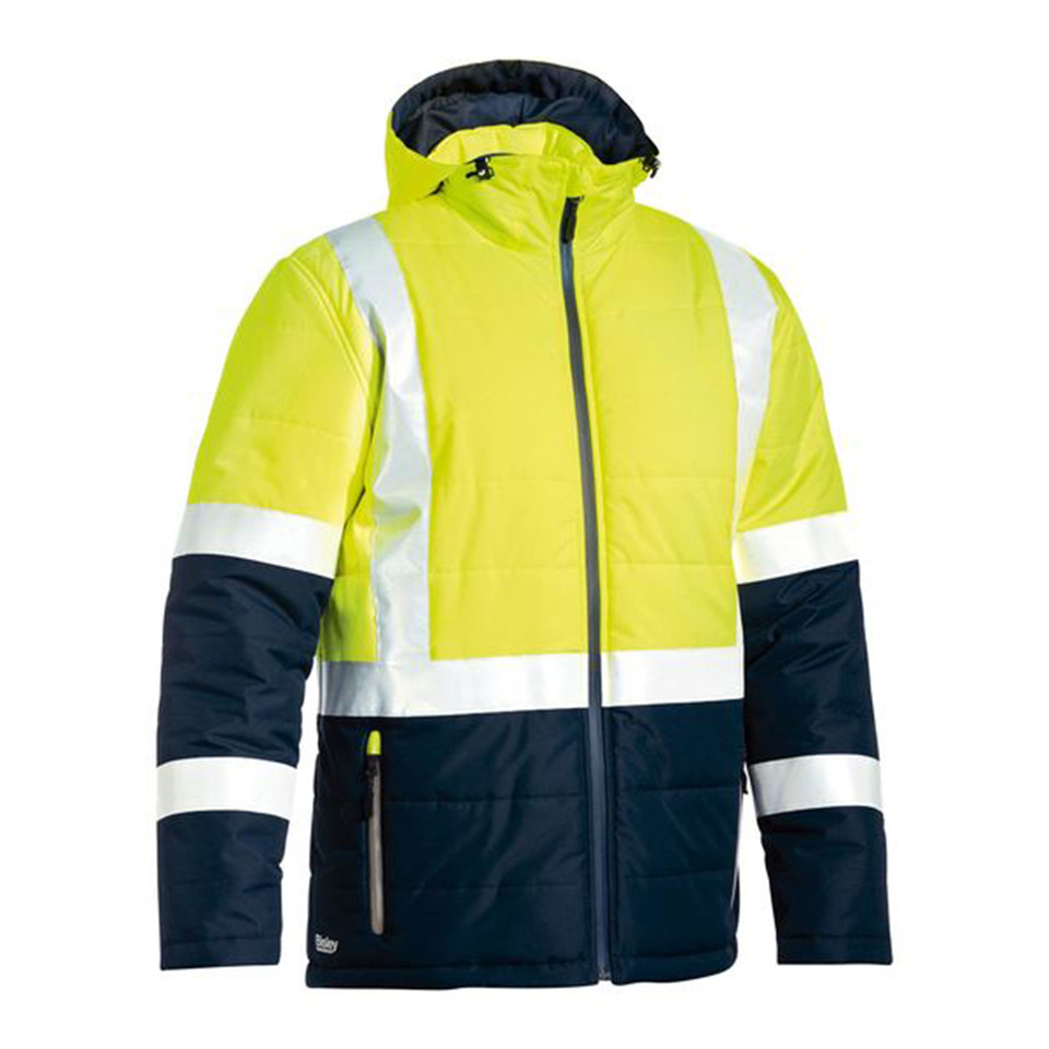 Hi-vis yellow and navy puffer jacket with reflective tape panels and detachable hood