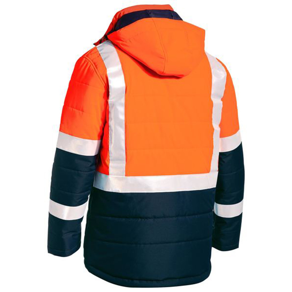 Fluorescent orange and navy puffer jacket with silver reflective tape on shoulders and sleeves, rear view with hood