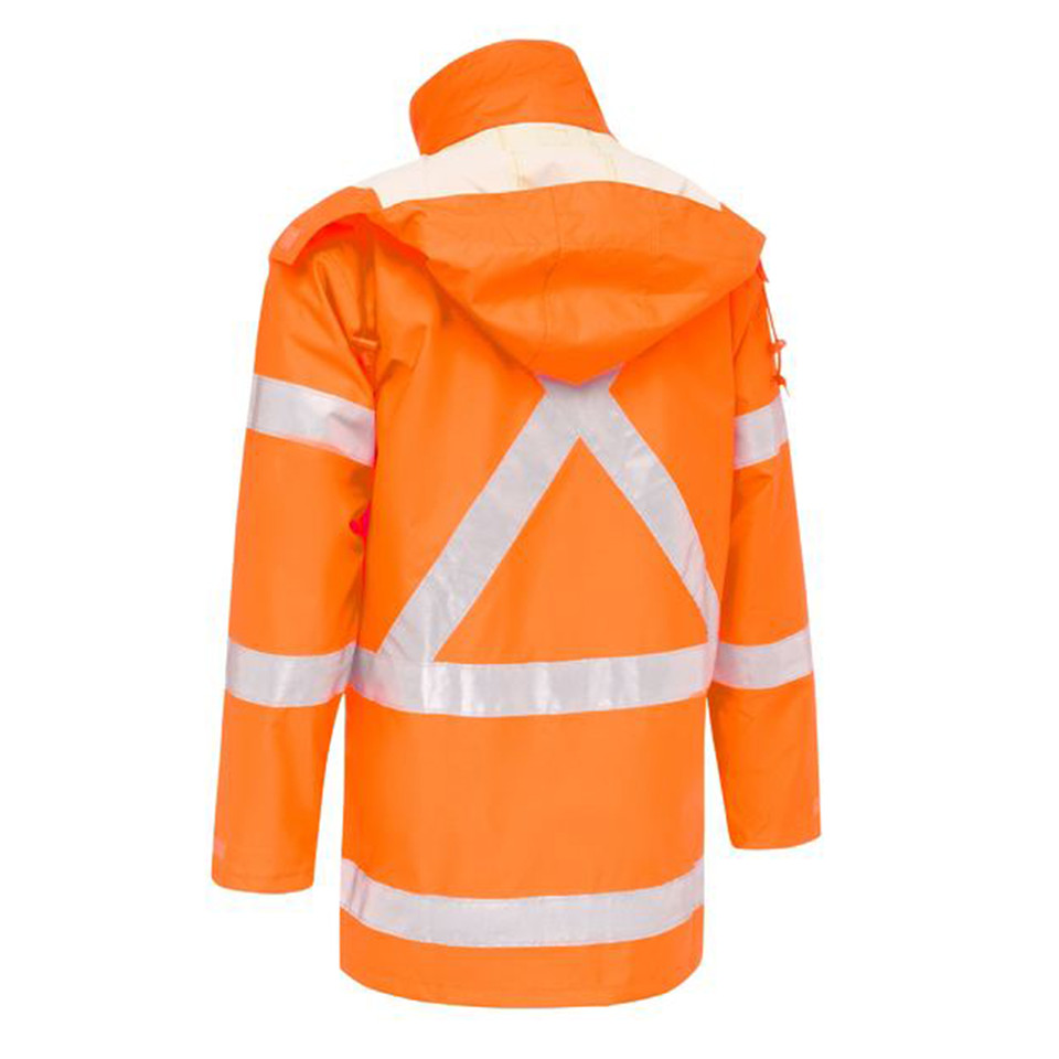 Rear view of fluoro orange rain jacket with X-pattern and horizontal silver reflective tape, detachable hood