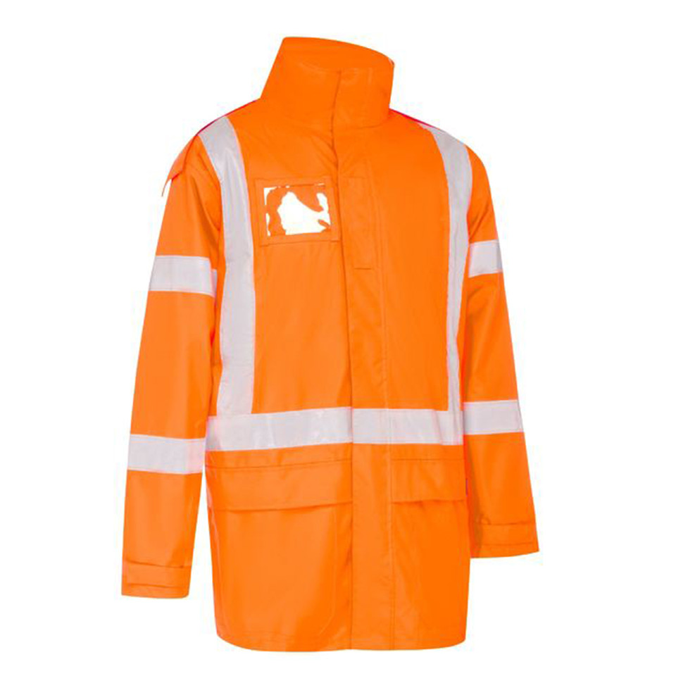 Fluorescent orange rain jacket with silver reflective tape on chest, back and sleeves, featuring chest pocket with ID panel