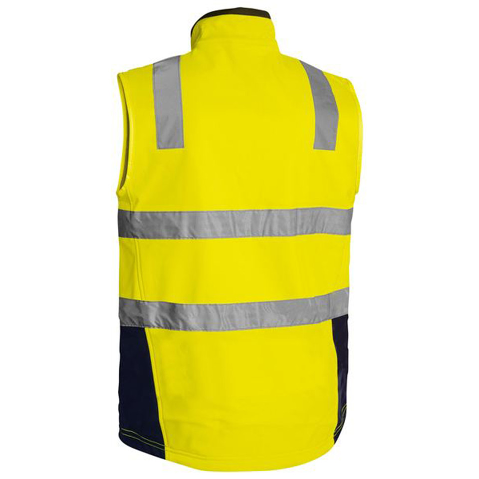 Fluorescent yellow soft shell vest with silver reflective tape and navy side panels, rear view