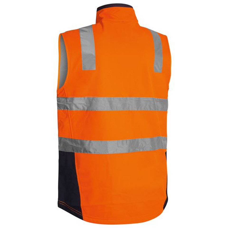 Back view of orange and navy hi vis soft shell vest with horizontal and vertical silver reflective tape panels