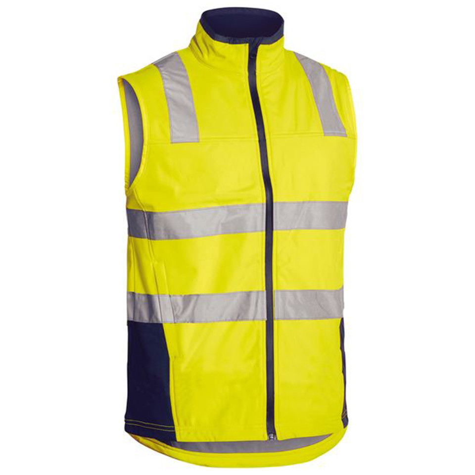 High visibility yellow soft shell vest with navy contrast collar and reflective silver tape across chest and shoulders
