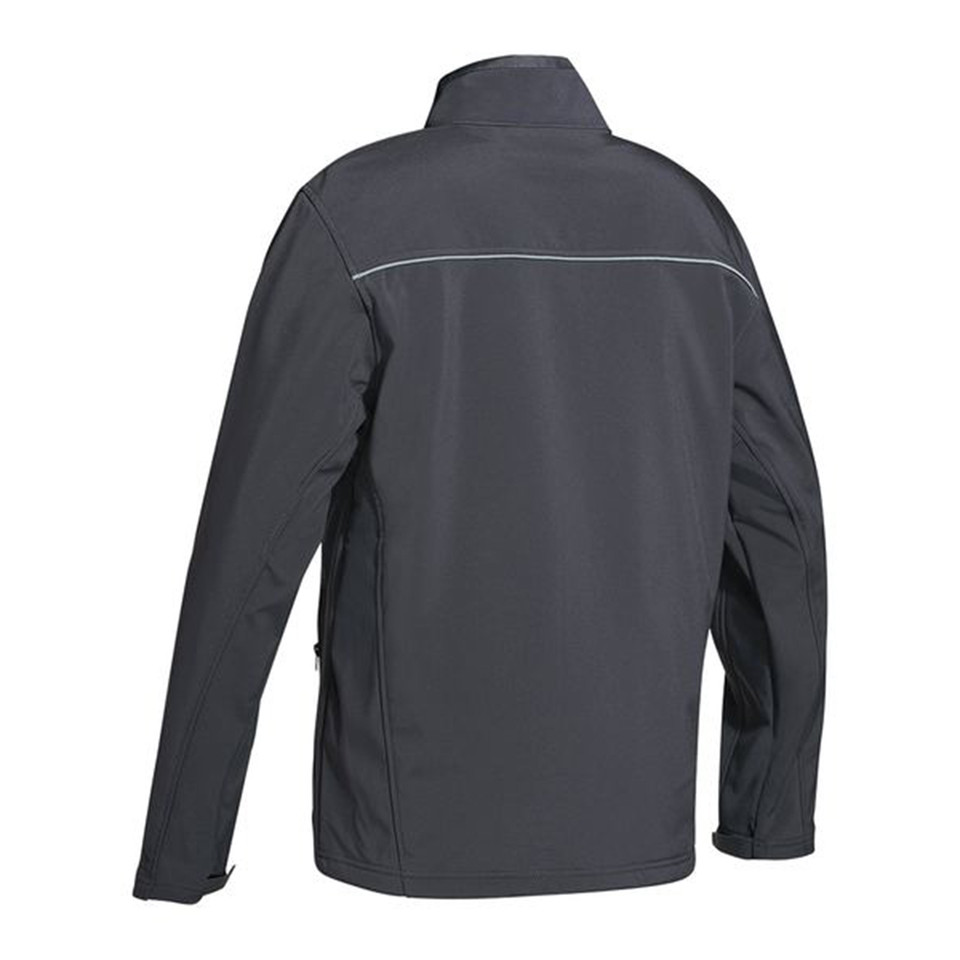 Charcoal soft shell jacket rear view with reflective piping across upper back yoke
