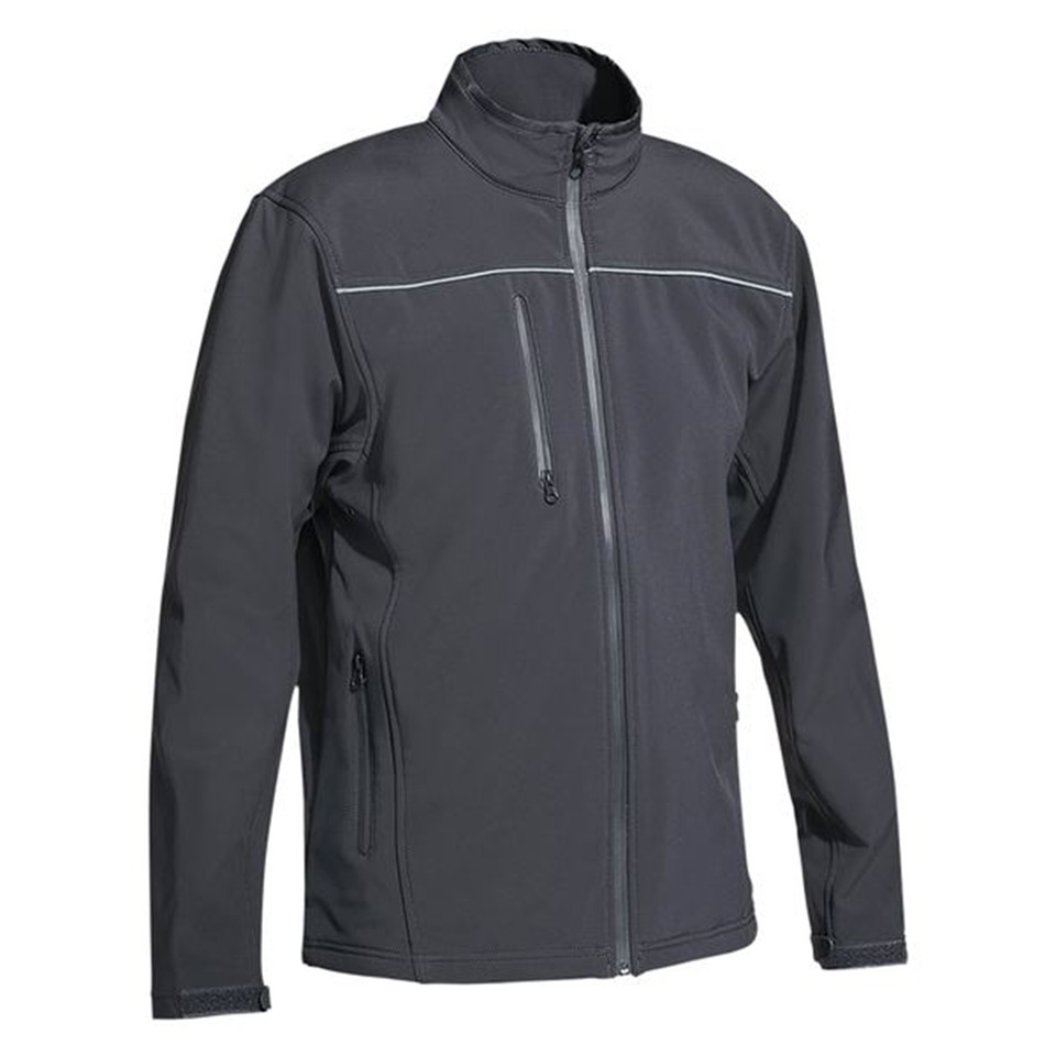 Charcoal soft shell jacket with stand collar, full-length zip, chest zip pocket and reflective chest piping