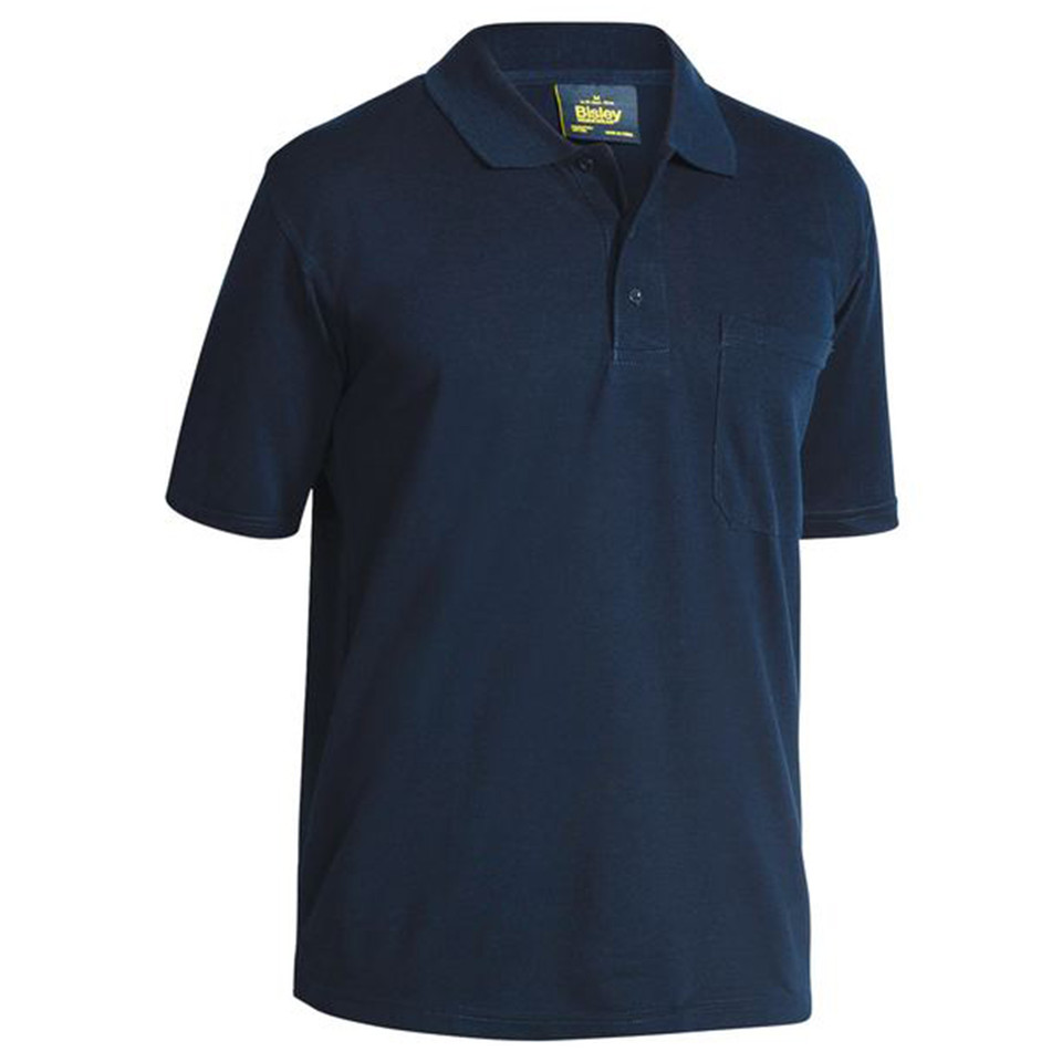 Navy blue short sleeve polo shirt with ribbed collar, three-button placket and left chest pocket