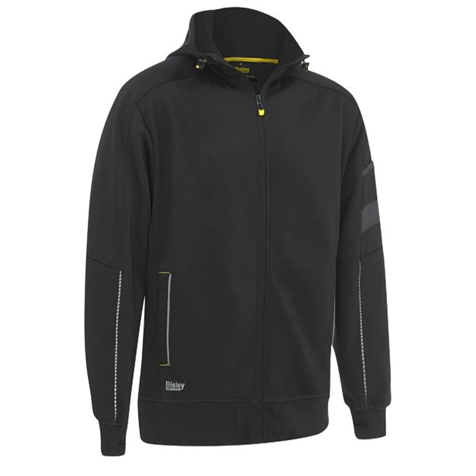 Black work fleece hoodie with yellow zip detail, contrast white piping along sleeves and pocket panels