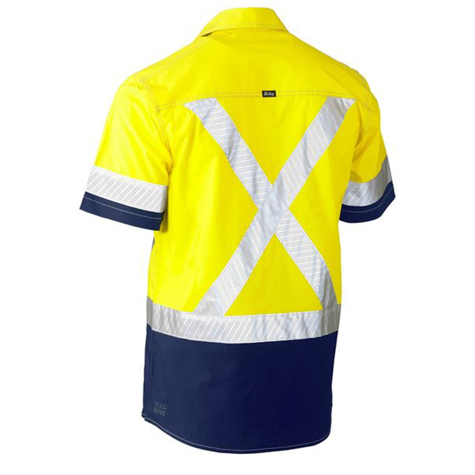 Yellow and navy hi vis short sleeve work shirt rear view with silver X-back reflective tape and arm banding