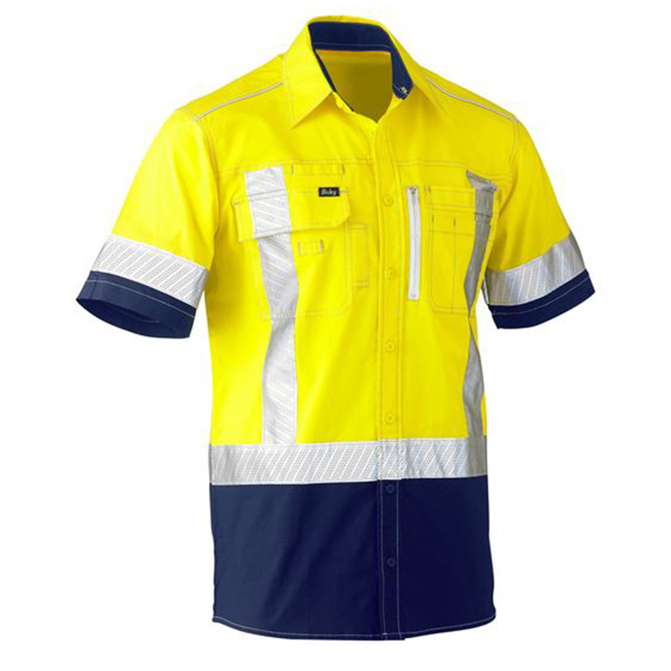 Hi-vis work shirt in safety yellow and navy with silver reflective tape, chest pockets and navy collar trim