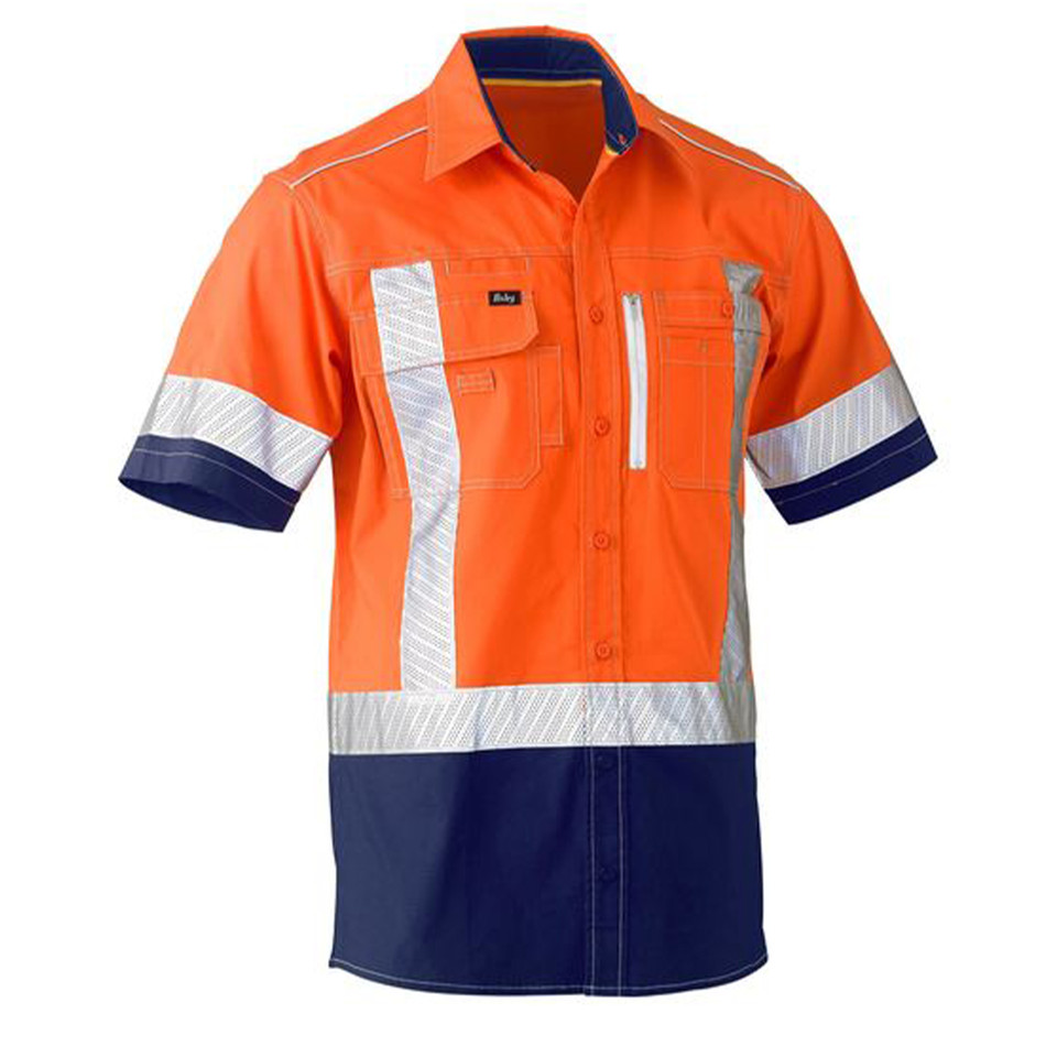 Orange and navy hi-vis work shirt with reflective tape across chest and sleeves, chest pockets with flap and zip closures