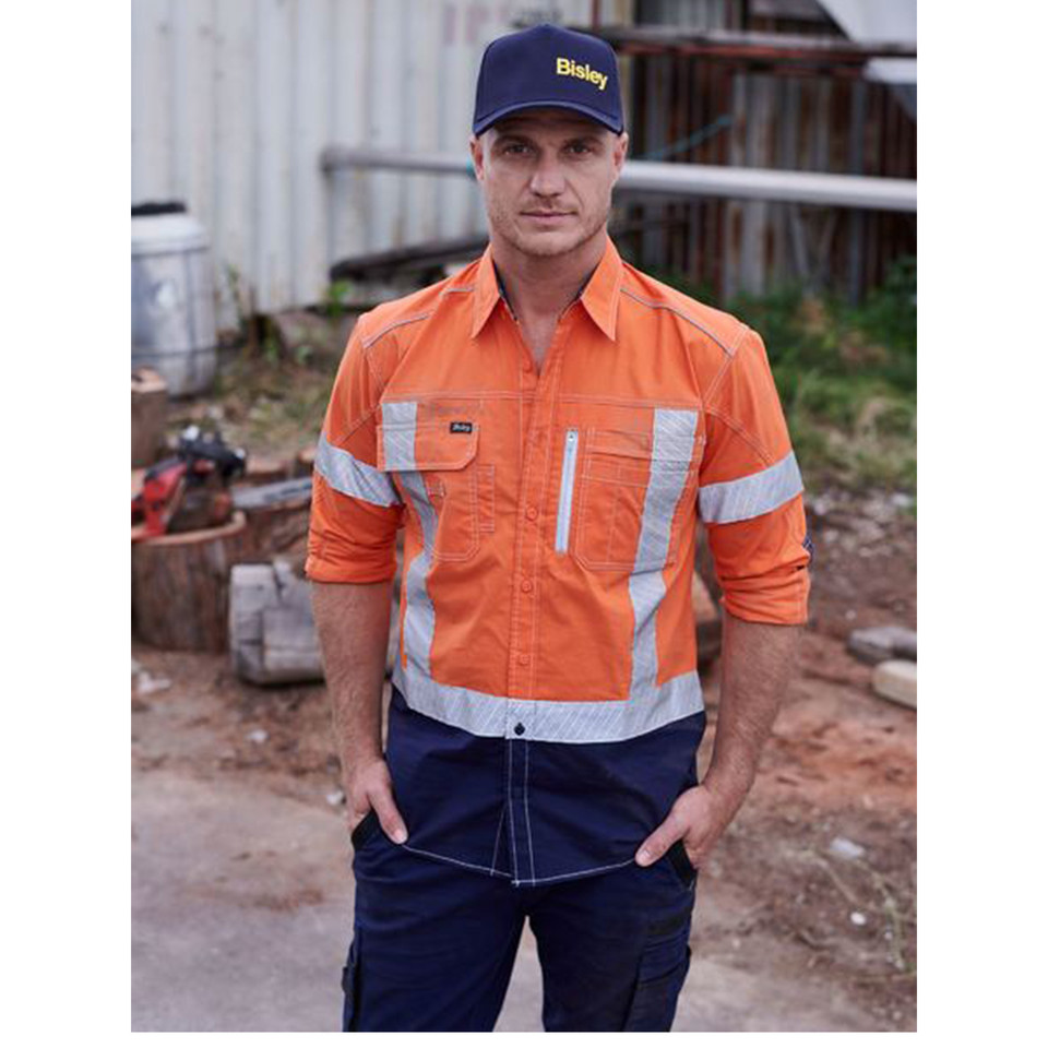 Hi-vis orange and navy work shirt with silver reflective tape on chest, arms and shoulders