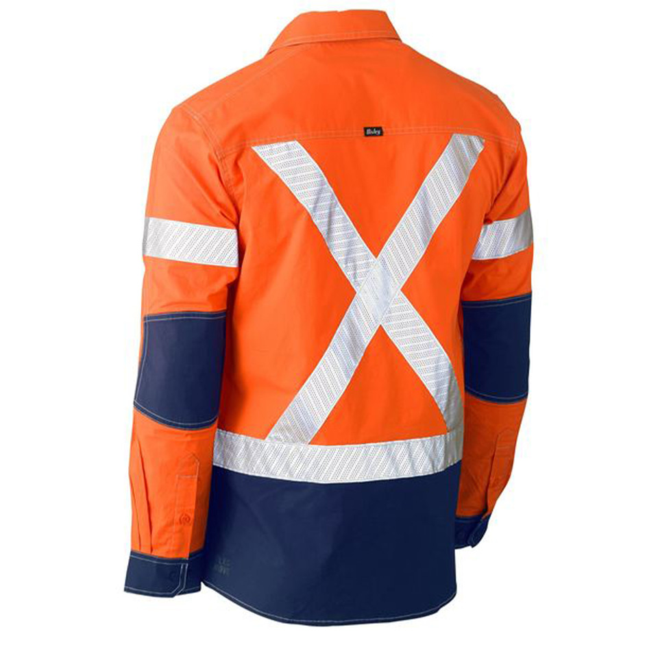 Hi-vis orange and navy work shirt with silver X-back reflective tape and segmented sleeve striping