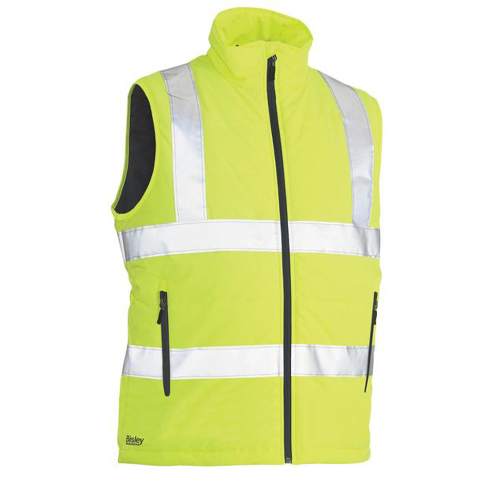 Fluorescent yellow hi vis puffer vest with silver reflective tape, front zip, zip pockets, and navy trim