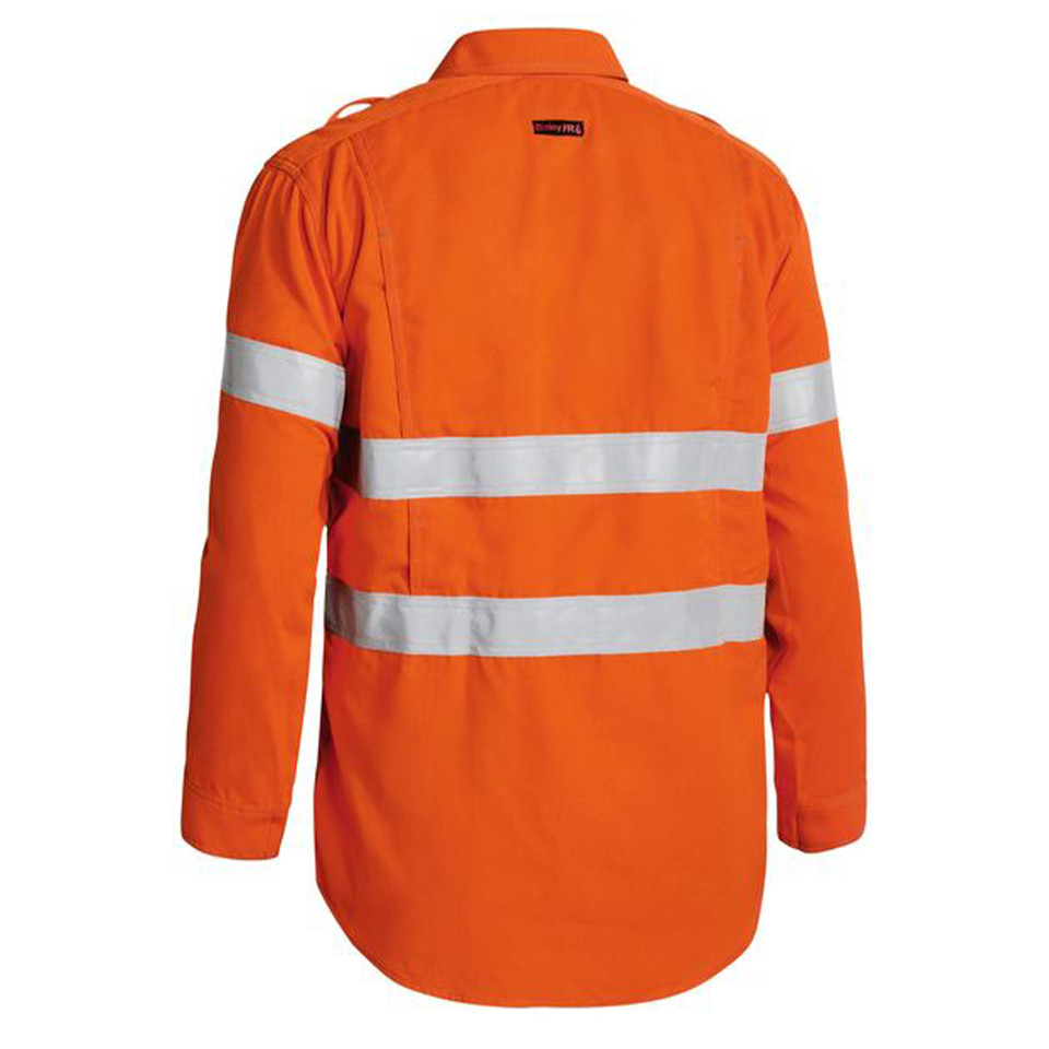 Orange flame-resistant hi vis work shirt rear view with twin silver reflective tape and vented back yoke