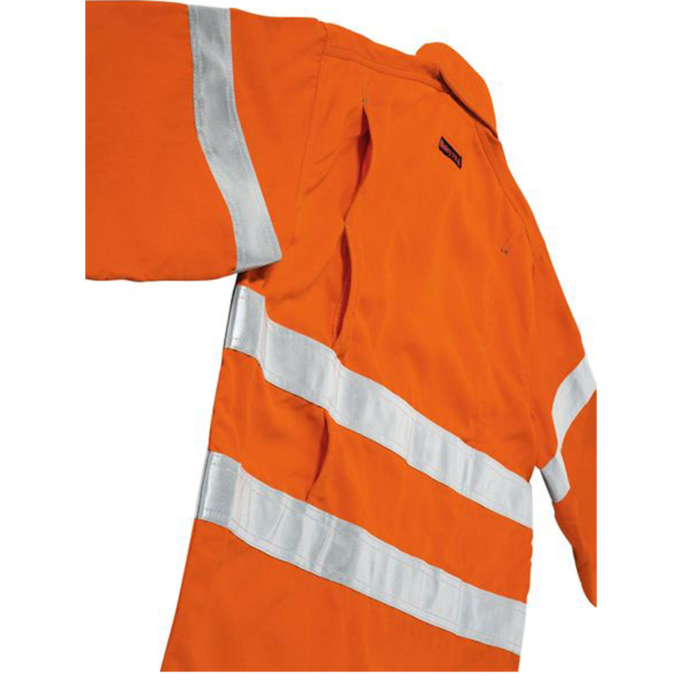 Orange hi-vis FR shirt with silver reflective tape bands across chest and sleeve, close-up packshot showing woven fabric texture