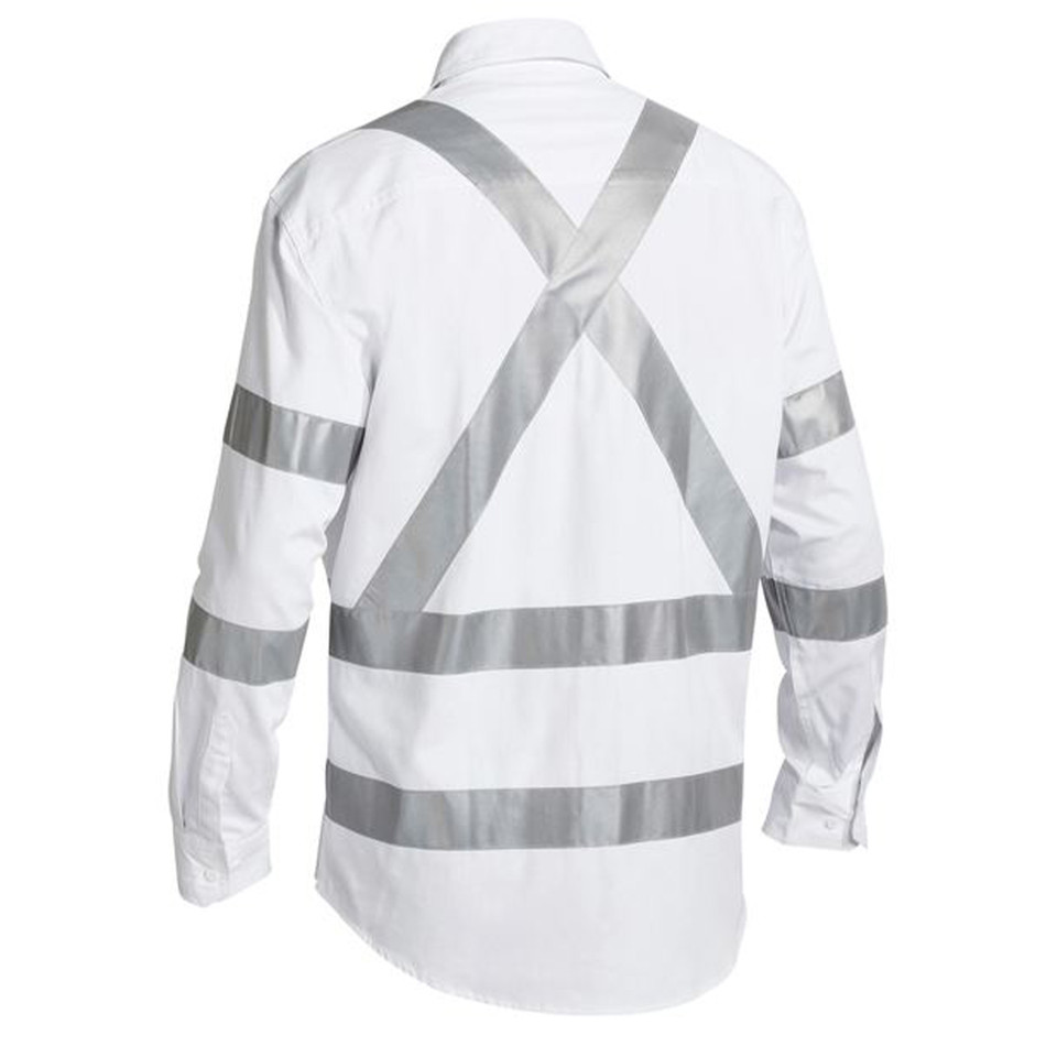 White long sleeve cotton drill work shirt rear view showing X-back and horizontal silver reflective tape panels