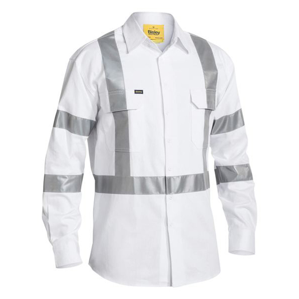 White long sleeve cotton drill work shirt with silver reflective tape across chest, shoulders and sleeves, chest pocket