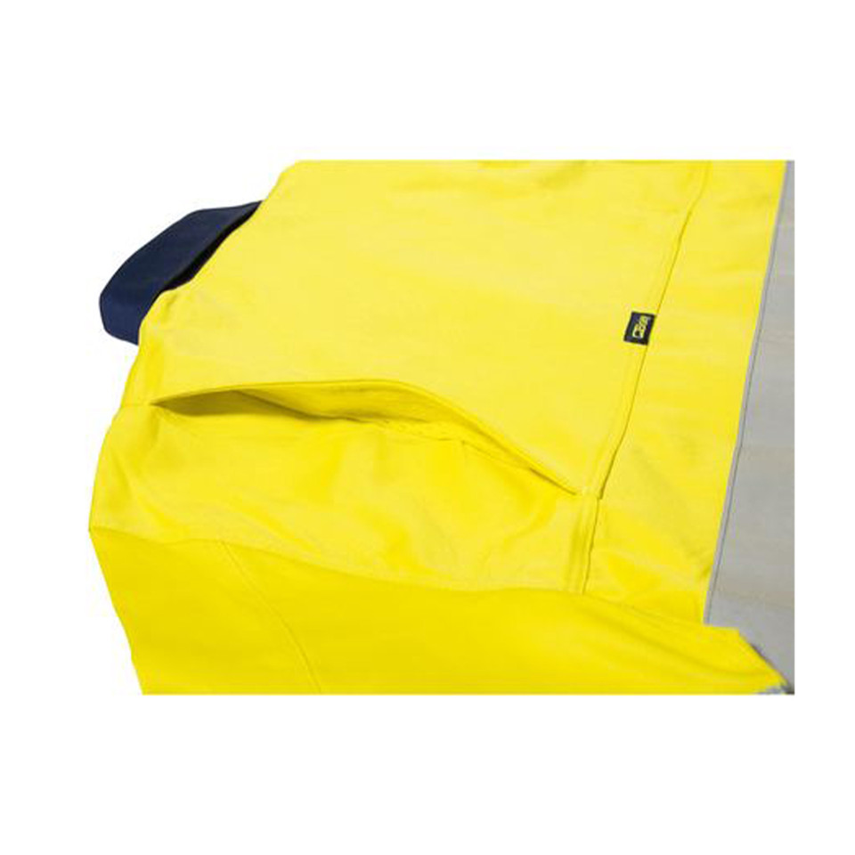 Bright yellow hi-vis work shirt with navy contrast shoulder panel and ventilated back mesh panel
