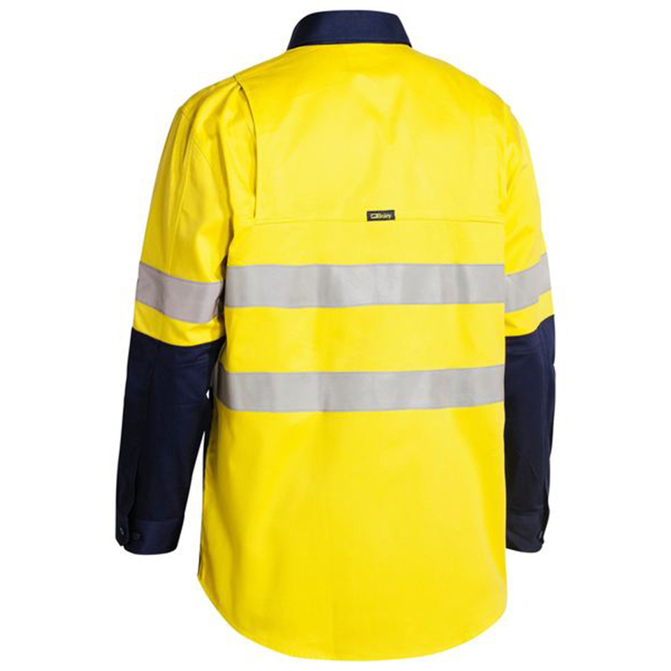 Hi vis work shirt in yellow with navy collar and sleeves, featuring horizontal silver reflective tape across back