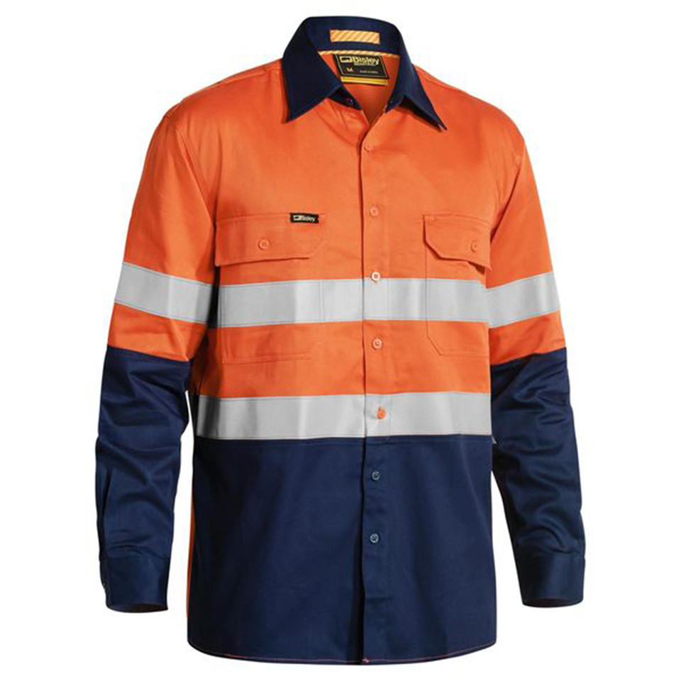 Orange and navy two-tone hi vis work shirt with silver reflective tape, chest pockets, and button front