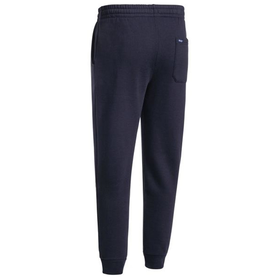 Navy fleece track pants with elasticated waistband, cuffed ankles and side pocket with flap detail