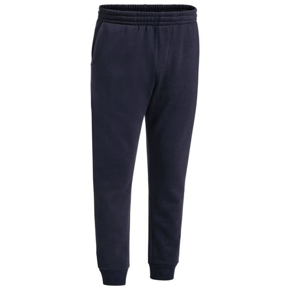 Navy fleece track pants with elastic waistband and cuffed ankles on white background