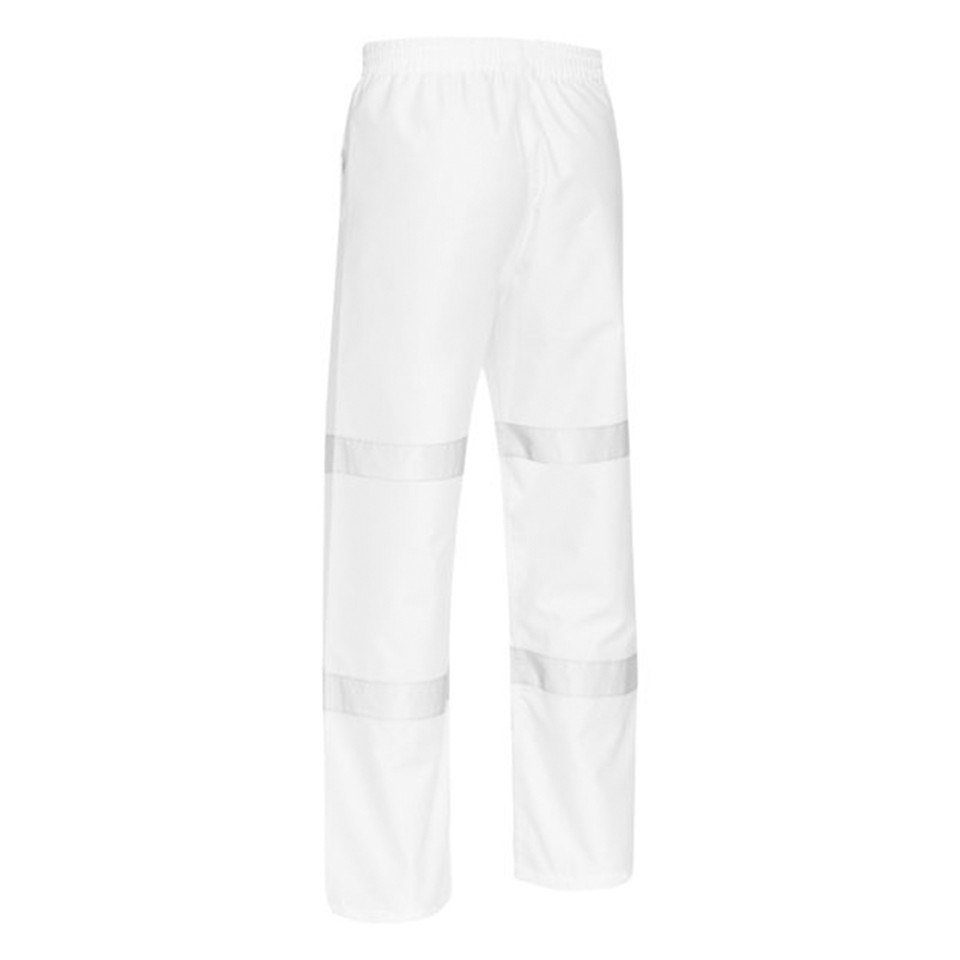 White waterproof shell rain pants rear view with elastic waist and twin reflective tape bands on each leg
