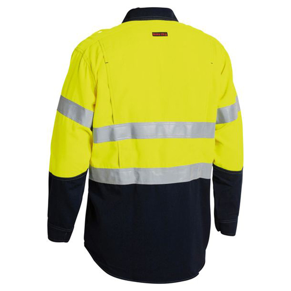 Rear view of yellow and navy hi-vis FR shirt with dual silver reflective tape and vented back yoke