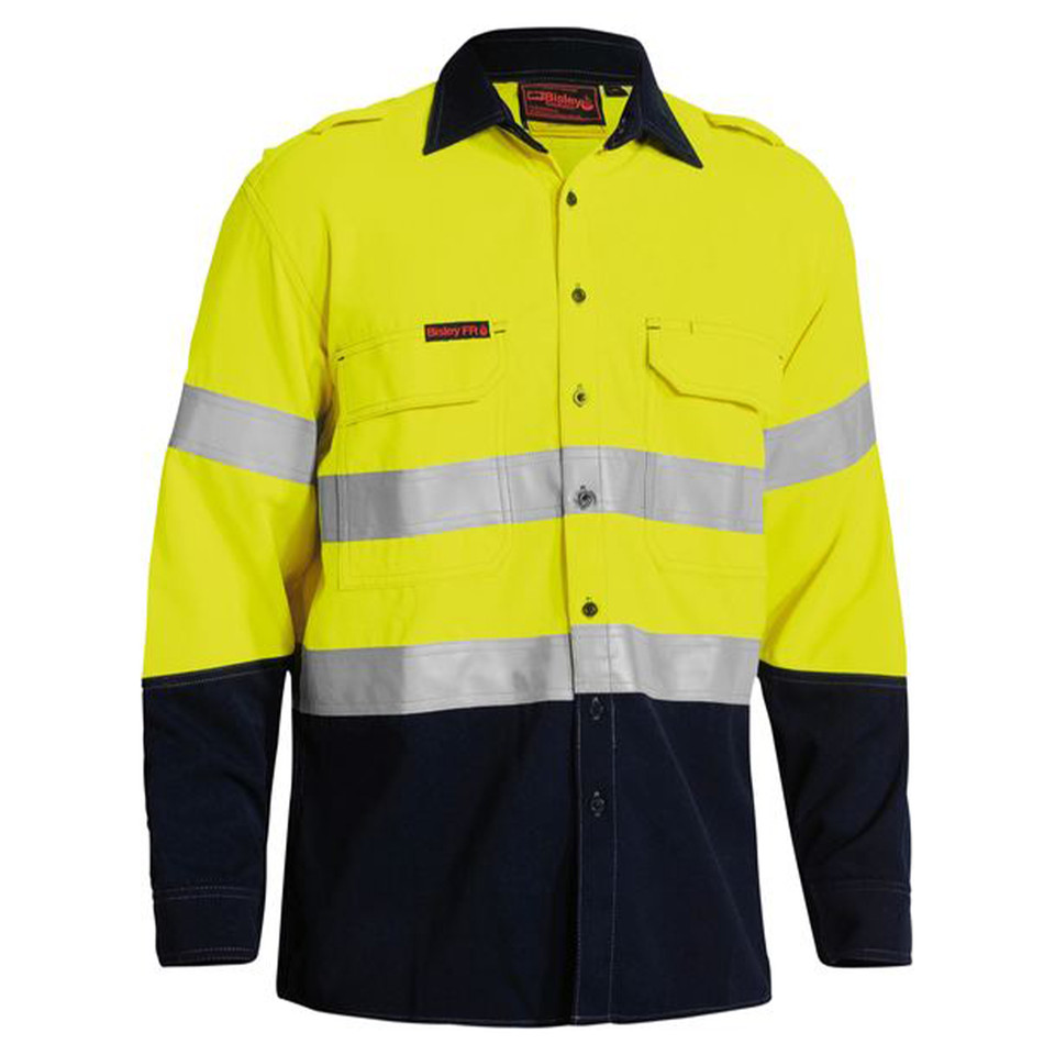 Hi-vis yellow and navy fire resistant work shirt with silver reflective tape and chest pockets