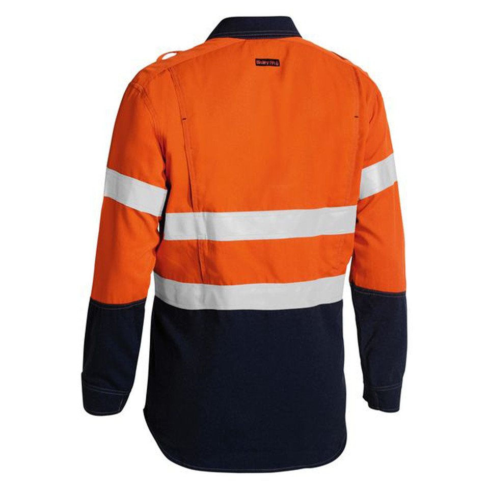 Orange and navy hi-vis long sleeve work shirt rear view with two horizontal reflective tape bands and two-tone panelling