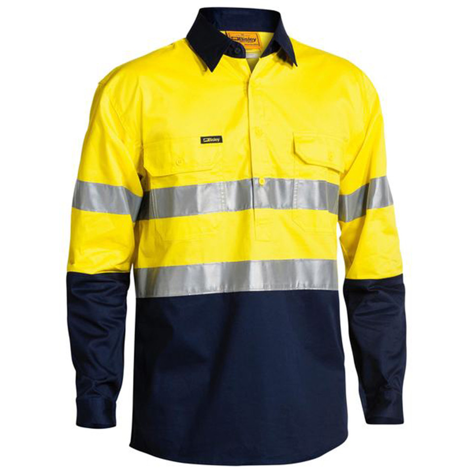 Hi-vis shirt in yellow and navy with reflective tape, chest pockets, and contrasting navy collar and sleeves