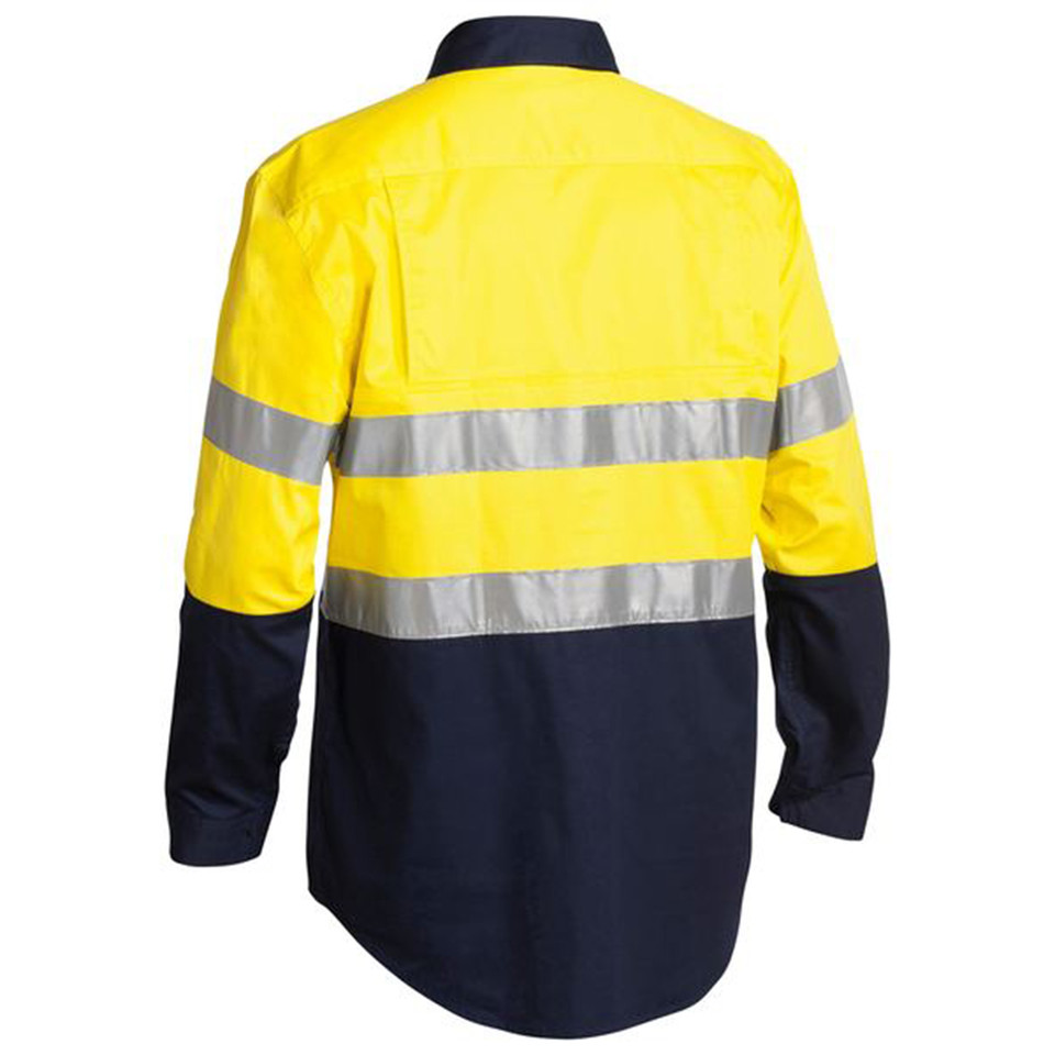 Hi vis work shirt in yellow and navy with silver reflective tape across back and sleeves