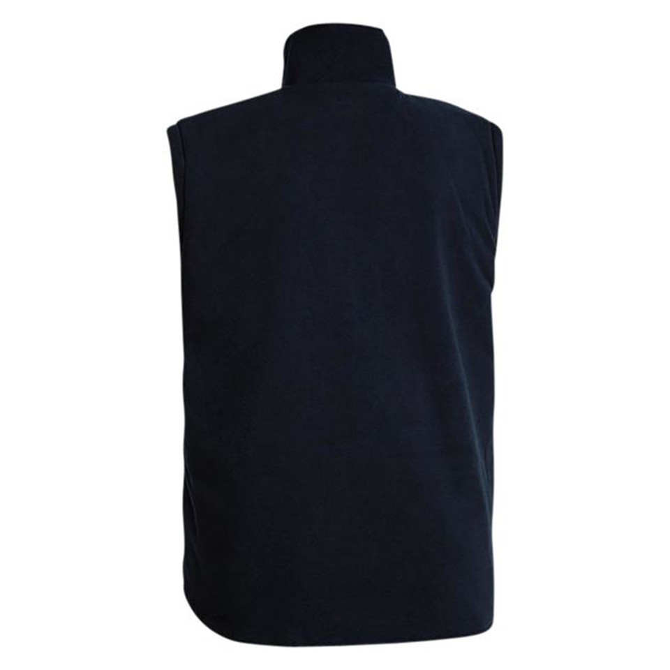 Navy fleece vest inner layer rear view, high collar, sleeveless zip-front design with smooth back panel