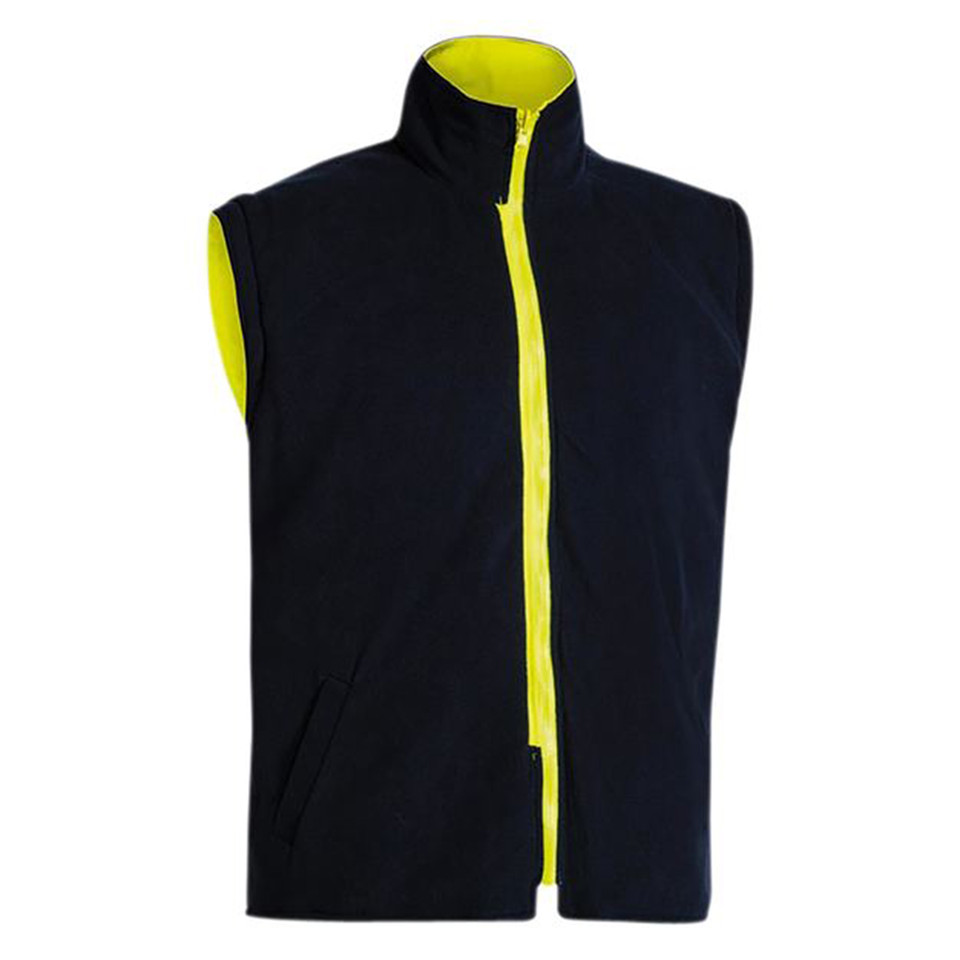 Navy fleece vest with lime yellow contrast zip and collar lining, sleeveless packshot