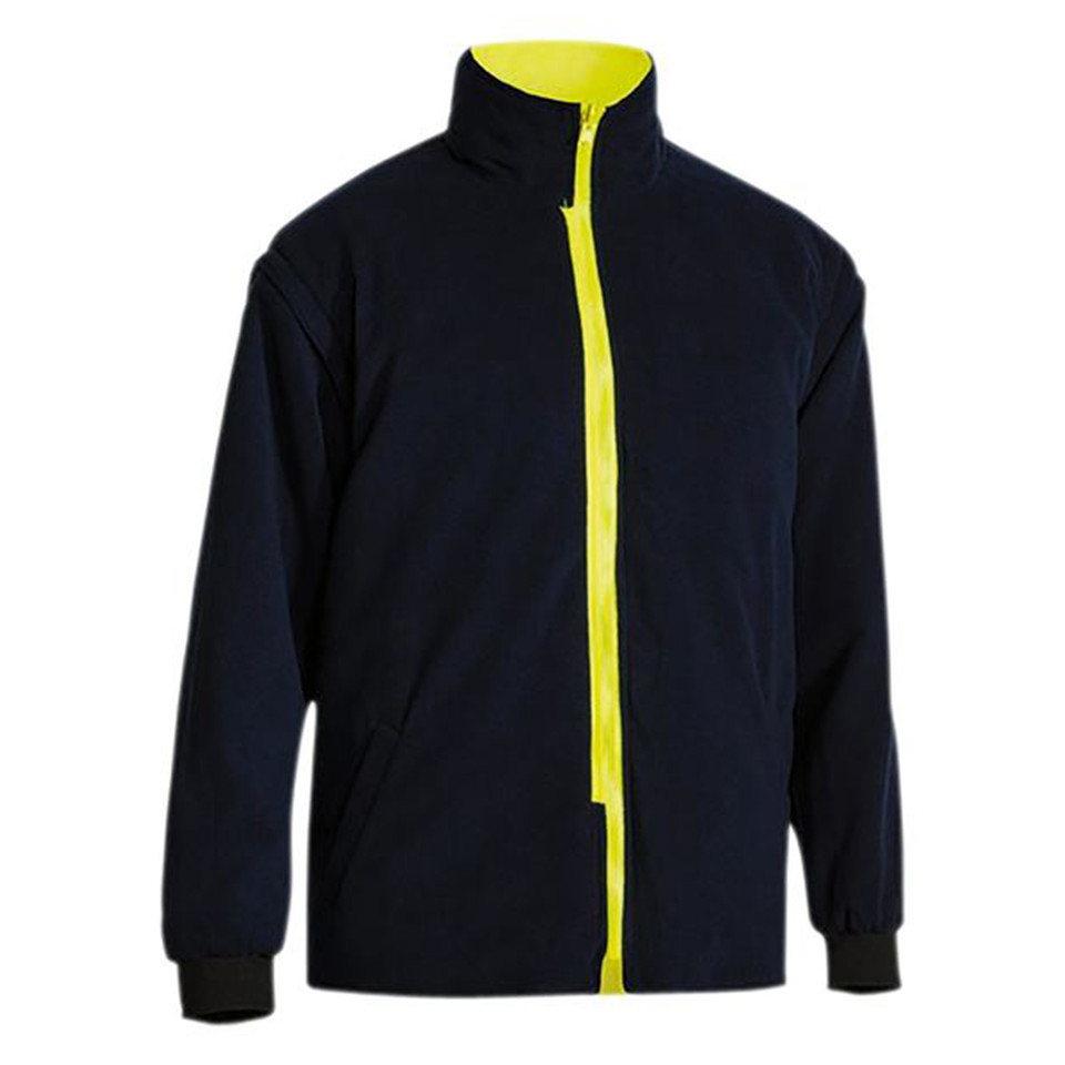 Navy fleece jacket with hi-vis yellow full-length zip and contrast collar lining
