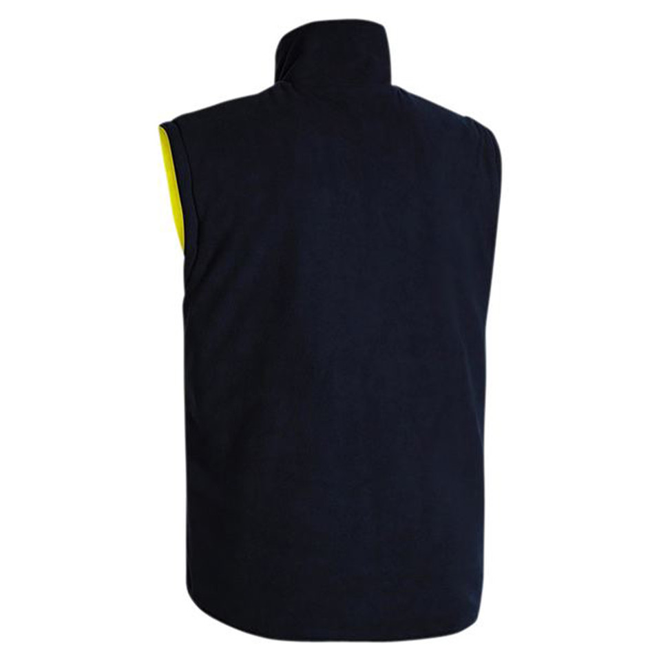 Navy and yellow fleece vest inner layer, stand collar, rear view packshot