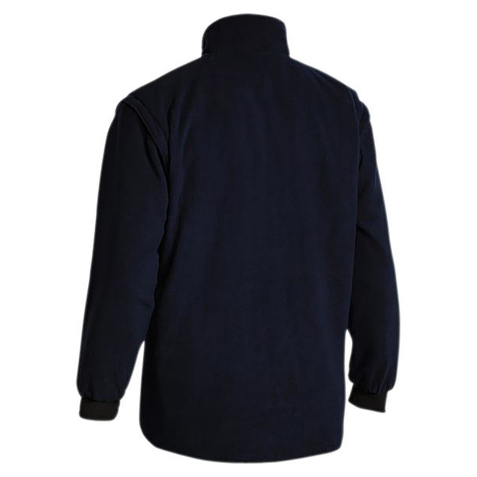 Navy five-in-one safety jacket with high collar shown from back, featuring raglan sleeves and reflective tape placement