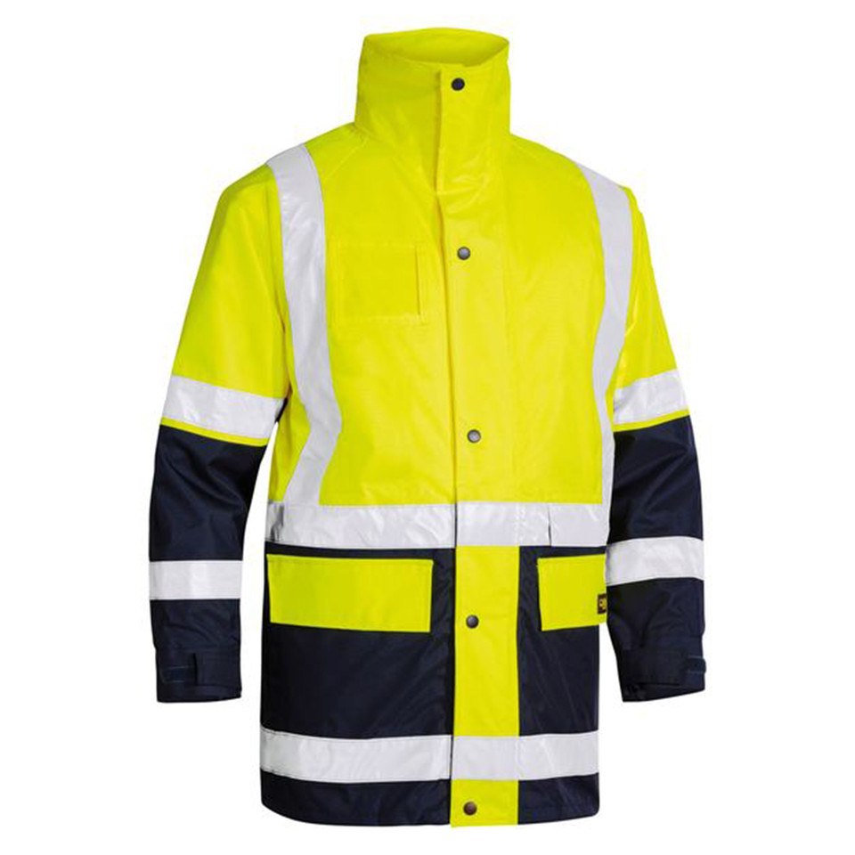 Yellow and navy hi-vis rain jacket with reflective tape, snap buttons, high collar, and chest and sleeve panels