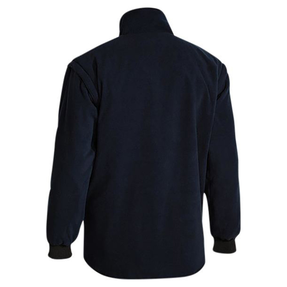 Navy blue fleece inner jacket with ribbed cuffs and high collar, rear view packshot