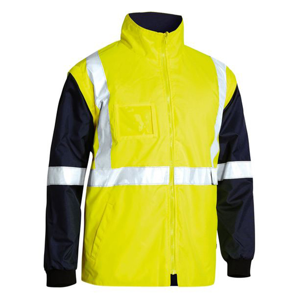 Yellow and navy hi-vis rain jacket with silver reflective tape, zip front, chest pocket and ribbed cuffs