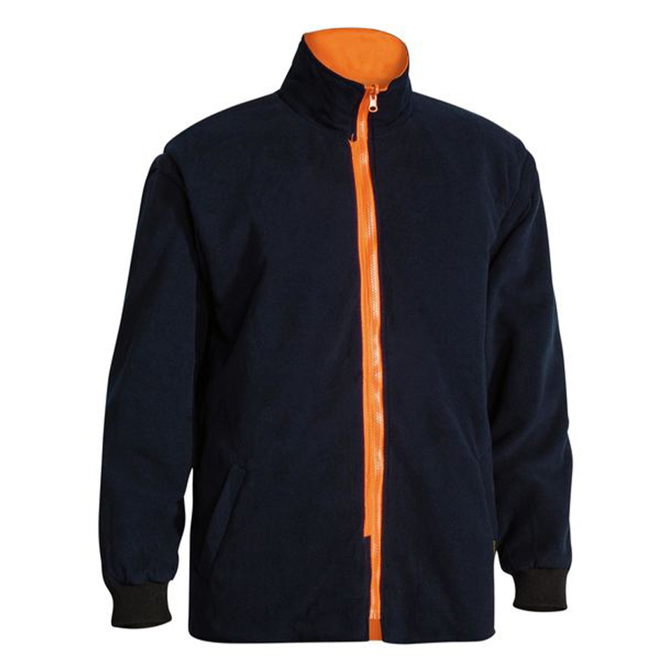 Navy fleece zip-through jacket with orange contrast zip and collar lining, ribbed cuffs and front pockets