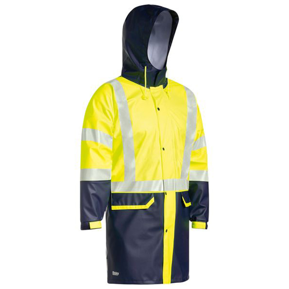 High visibility rain coat in fluorescent yellow and navy with reflective tape and contrast hood